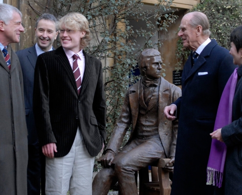 HRH Prince Philip unveiling the life sized statue of the Young Charles Darwin at Christ's College, Cambridge University in 2009