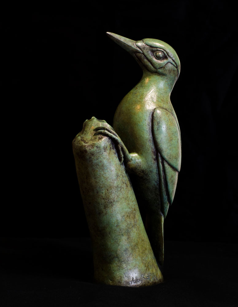 Bronze sculpture of a Green Woodpecker by artist Anthony Smith