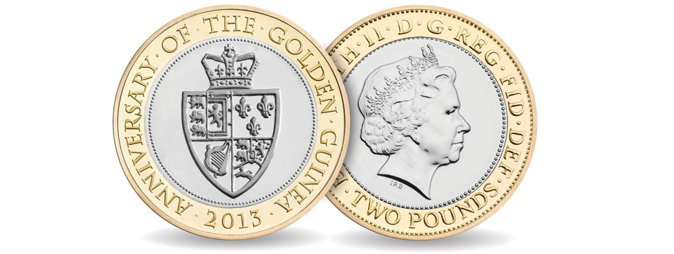 Two pound guinea coin designed and sculpted by the sculptor Anthony Smith for the Royal Mint of the United Kingdom