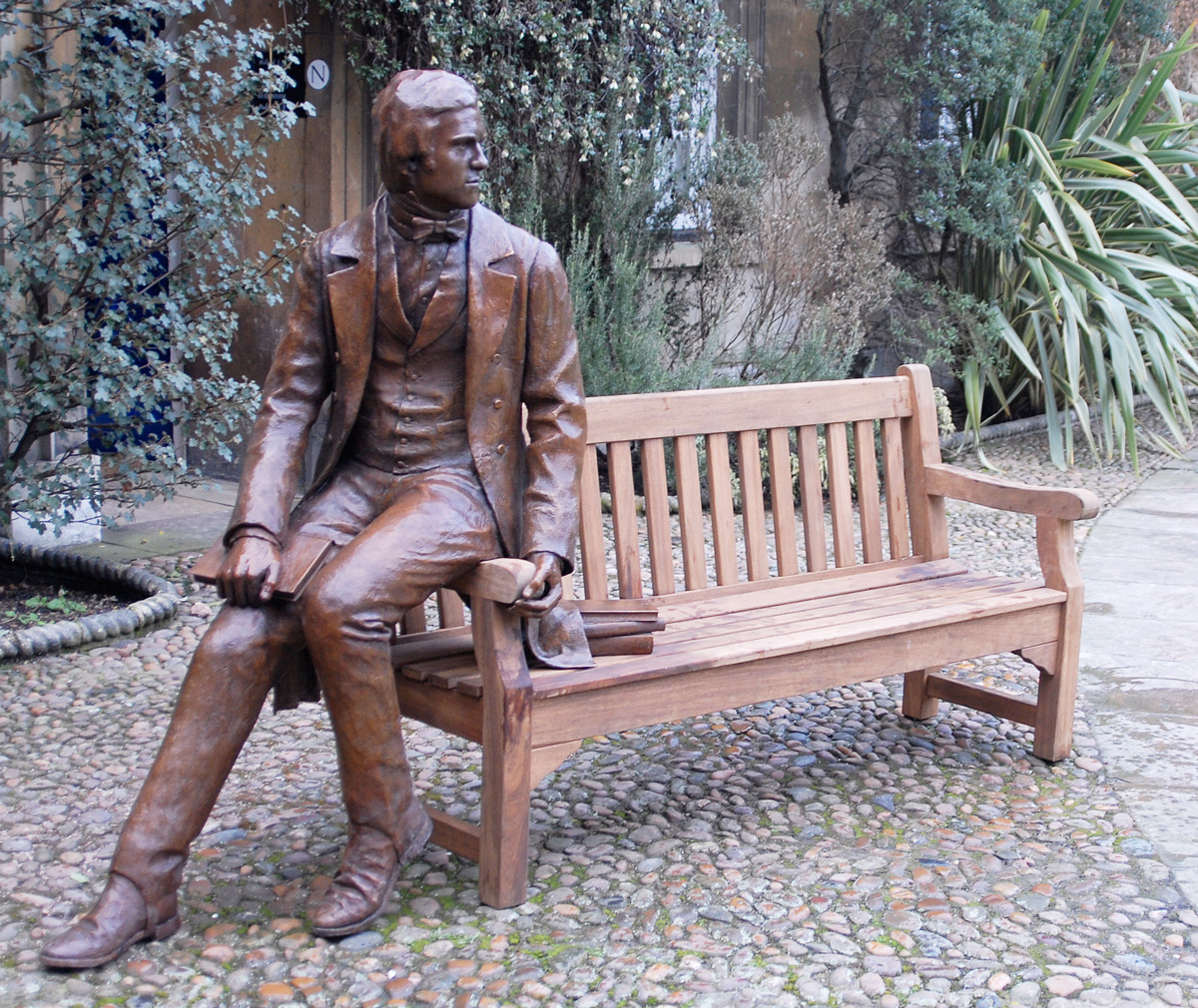 Life sized bronze statue of the Young Charles Darwin at Christ's College, Cambridge University