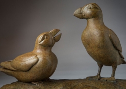 Bronze sculpture of a pair of Atlantic Puffins by wildlife artist Anthony Smith