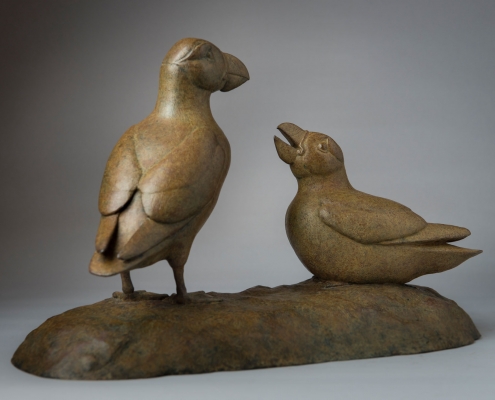 Bronze sculpture of a pair of Atlantic Puffins by wildlife artist Anthony Smith